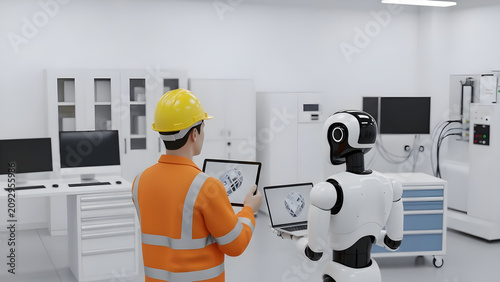 Human Engineer and Autonomous Robot Collaborating on Industrial Data Analysis in a High-Tech Laboratory Research Facility