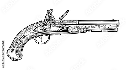 Bild auf Leinwand Antique Flintlock Pistol Illustration - Vintage Weapon
