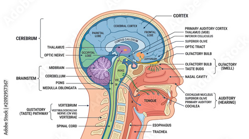 Cuadro en lienzo Human Brain Anatomy Diagram: Sagittal Section with Labeled Parts