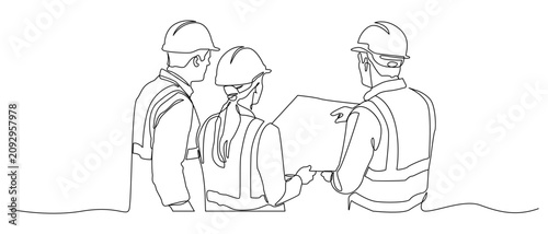 Tableau sur toile A continuous single line drawing depicting a construction engineer reviewing blueprints at a project site