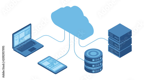 Isometric cloud computing network connecting laptop tablet and server rack. Digital data storage infrastructure illustration. Blue 3d technology connectivity system vector graphic design concept