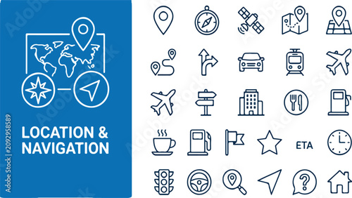 Bild auf Leinwand Various linear icons illustrating location and navigation themes, such as a world map with a pin, compass, travel