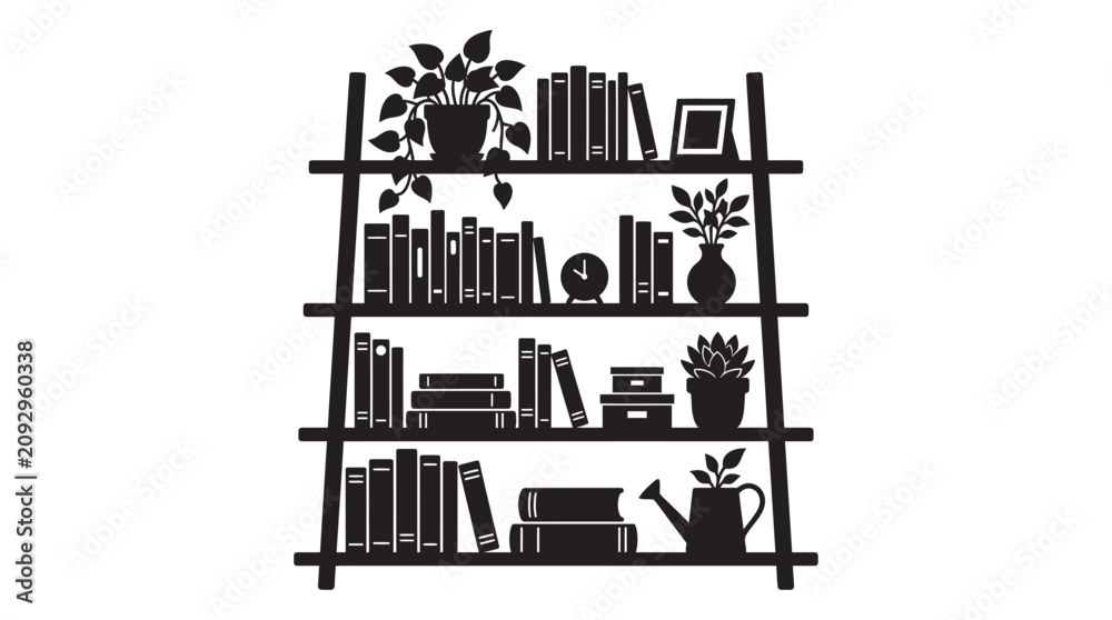 Fototapeta premium Bookshelf With Books And Plants Black Silhouette