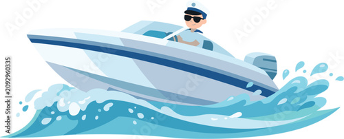 Quadro su tela Man driving fast motorboat on ocean waves vector illustration clip-art