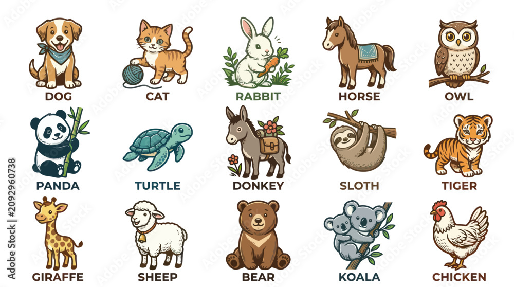 Fototapeta premium Cute Cartoon Animals Set: Dog, Cat, Rabbit, Horse, Owl, Panda, Turtle, Donkey, Sloth, Tiger, Giraffe, Sheep, Bear, Koala, Chicken