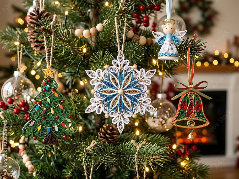 Obraz premium Quilled paper christmas tree and snowflake ornaments hanging on evergreen branches with warm bokeh lighting.