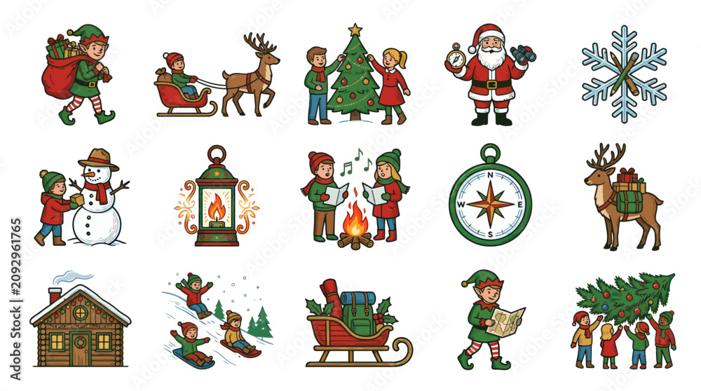 Fototapeta premium Colorful Hand-drawn Christmas and Winter Holiday Illustrations Set with Festive Characters and Elements