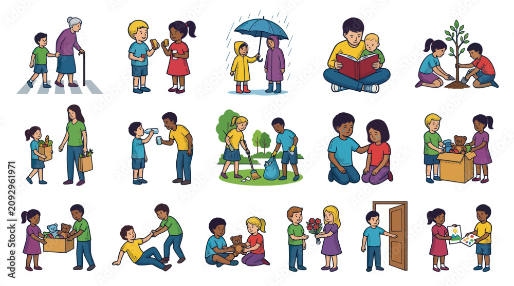 Fototapeta premium Children's kindness and helpfulness illustrations, vector art