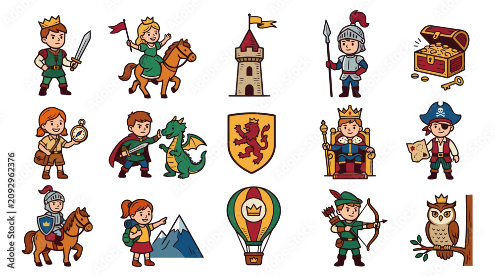 Fototapeta premium Fantasy Adventure Cartoon Flat Vector Icon Set for Kids: Medieval Characters, Fairy Tale Elements Explorers