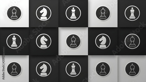 Abstract Minimalist Chessboard Background with Geometric Square Patterns and Flat Design Chess Icons