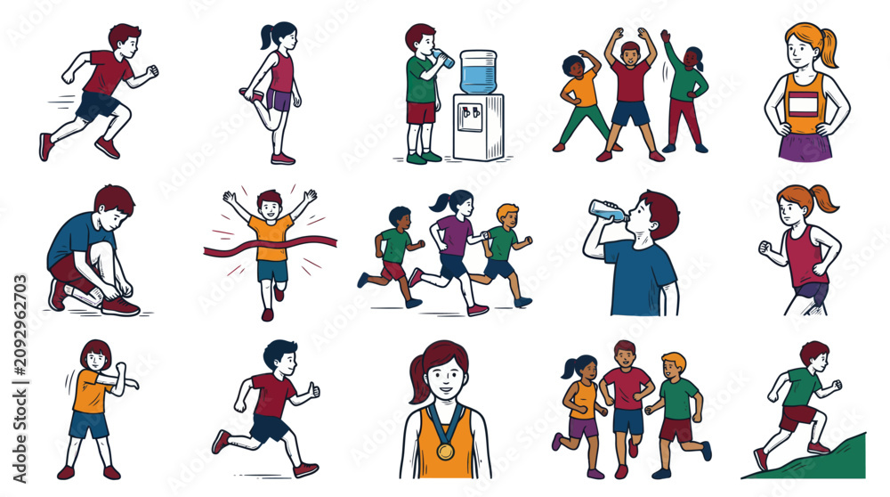 Fototapeta premium Kids Running and Exercising, Vector Sport Illustration, Children Activity