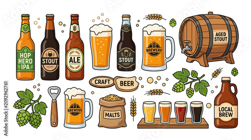 Tableau sur toile Craft Beer Collection: Bottles, Mugs, Barrel, Hops, Malt, Tasting Set