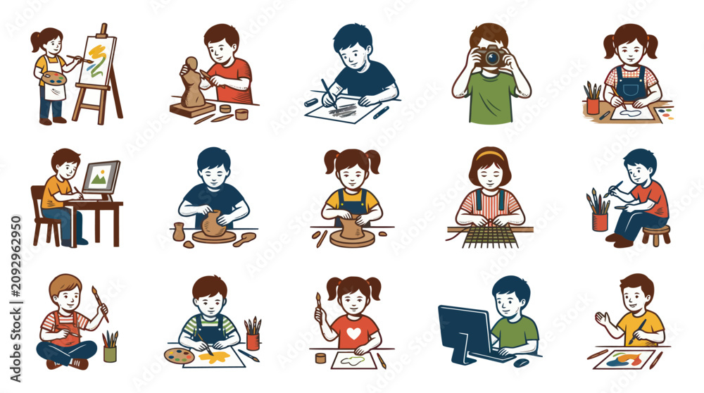 Fototapeta premium Children Doing Art and Craft Activities: Painting, Pottery, Photography, Computer - Flat Style Vector