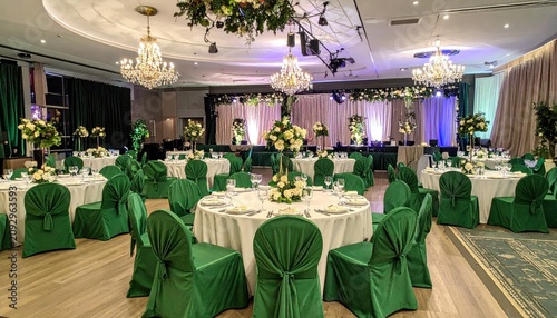 Elegant event hall with round tables, green-themed decor, stage lighting, and a banquet setup, creating a luxurious and festive atmosphere.