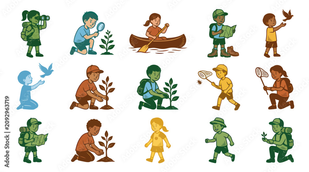 Obraz premium Children's Nature Exploration Outdoor Education Vector Illustration Set with Kids Activities