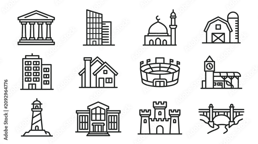Fototapeta premium Collection of Building Icons: Architecture, Landmarks, and Structures