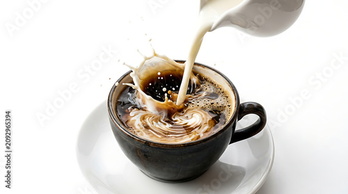 Milk adding to espresso with crown splash and swirling motion in ceramic mug.
