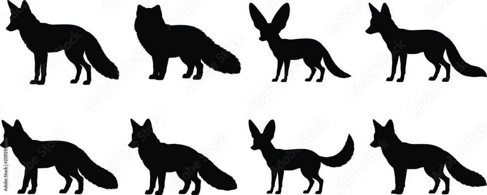 Obraz premium Fox Silhouette Collection Featuring Wild Canid Species Black Vector Animal Icon Set