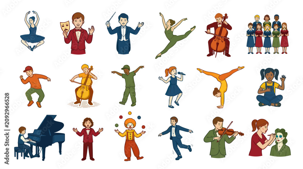 Fototapeta premium Performing Arts Creative Hobbies Flat Vector Collection. Diverse Kids Adults Activities Outline Illustrations.