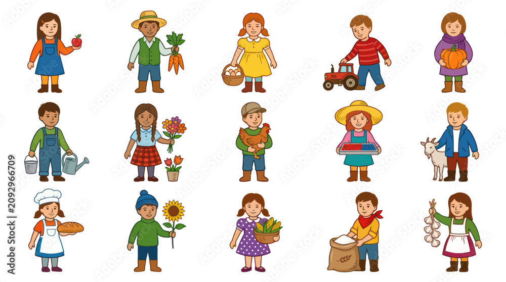 Fototapeta premium Happy Cartoon Kids Farming and Gardening Characters Set - Agriculture Children Illustration Collection