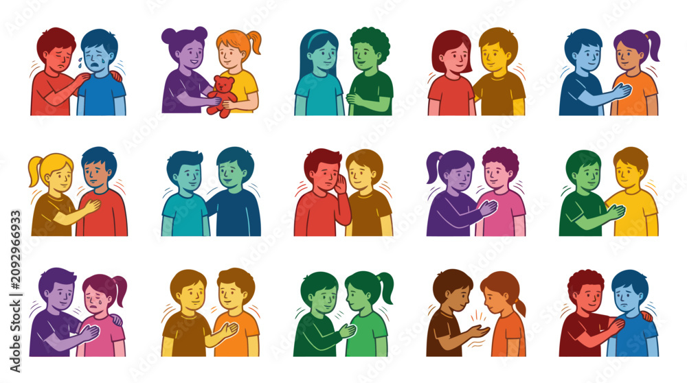 Fototapeta premium Children Empathy and Friendship Flat Vector Illustration Set for Social-Emotional Learning