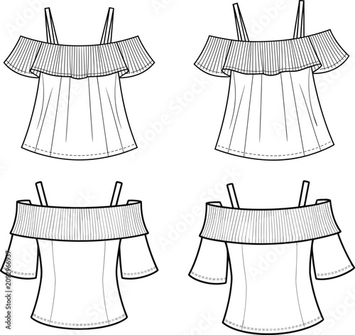 Modern off shoulder blouses set featuring pleated ruffle flounce and straps for fashion apparel tech pack technical flat sketch vector