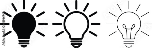 Light bulb vector ilustration set showing different styles of ideation and creativity icons black solid and outline lightbulb graphics for innovation concept and electricity theme.