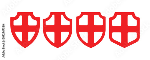 Photos Four red shield icons with white cross illustrating various forms of protection and security