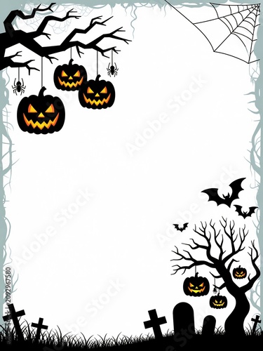 Spooky halloween border featuring hanging pumpkins and dark silhouetted trees