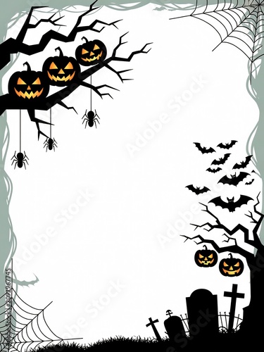 Spooky halloween border featuring glowing jack o lanterns and silhouettes