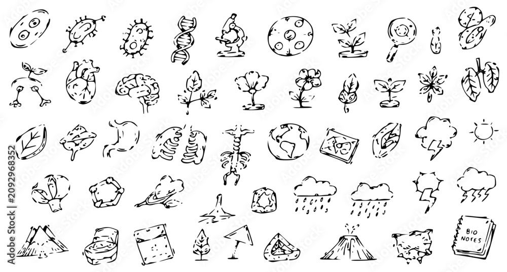 Fototapeta premium Biology and Earth Science Hand Drawn Doodle Icon Set, Nature Ecology Sketch Vector Collection, 70 Outline Icons