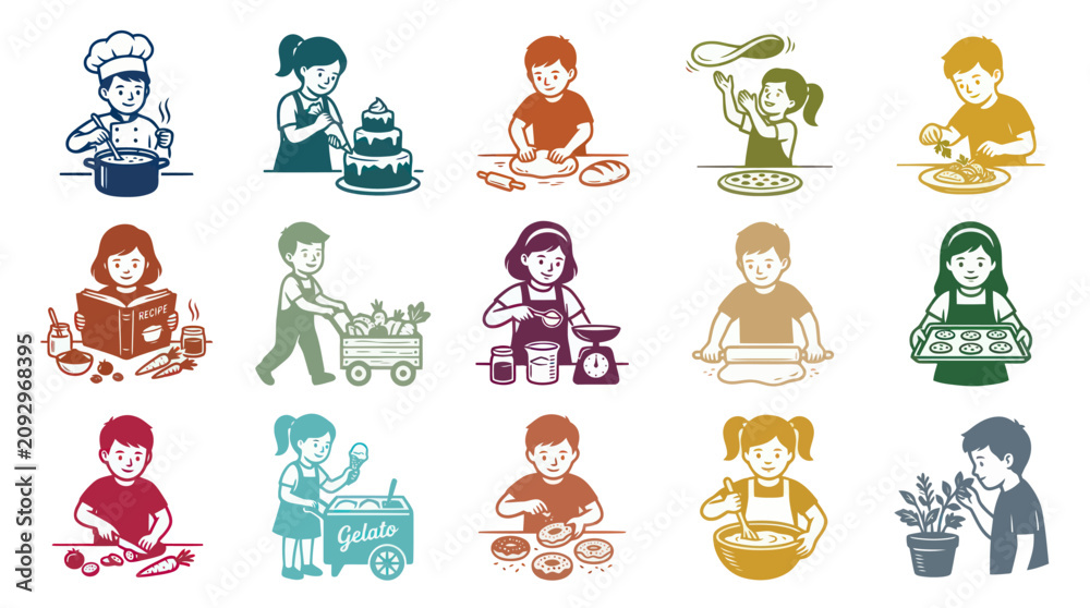 Fototapeta premium Children's Food Culinary Activities Outline Illustration Set. Kids Cooking, Baking, Gardening, and Learning Line Art