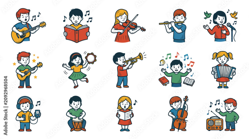 Fototapeta premium Cartoon Kids Playing Music Instruments: Guitar, Violin, Flute, Drum Learning Music Activities. Hand-drawn Education Vector Set.
