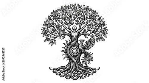 Obraz na płótnie Stippled tree of life with feminine figure and phoenix.