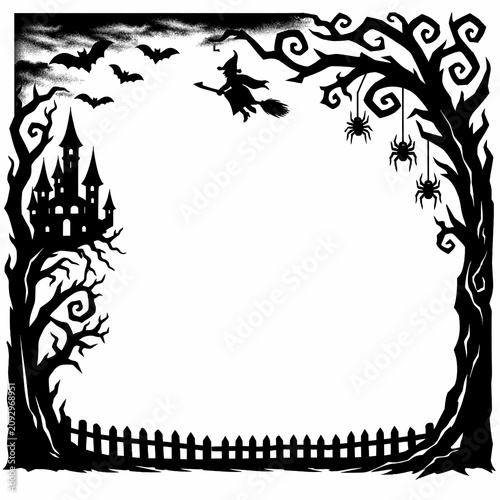 Scary halloween border frame featuring a witch castle and bats