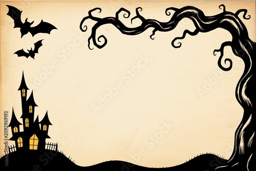 Spooky haunted house silhouette with bats and twisted tree branches