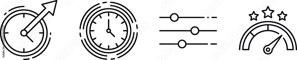 © SHANAJ - Time management and settings icons vector illustration set clock arrow fast speed indicator slider control dashboard performance measurement interface elements graphic design symbols.