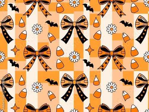 Seamless pattern featuring orange bows bats flowers and candy corn