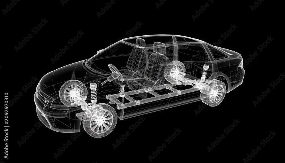 Naklejka premium Wireframe view of a modern car chassis and suspension system