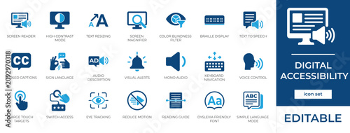 Digital Accessibility Icon Set for Web UI UX Design, Assistive Technology Symbols, WCAG Compliance, Disability Support, Screen Reader, Inclusion Vectors