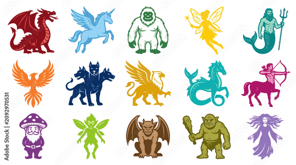 Obraz premium Mythology Fantasy Creatures, Monsters, Folklore Characters Stylized Flat Vector Icon Set