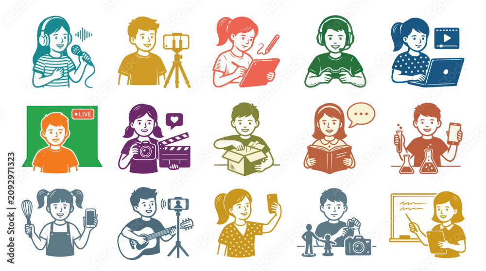 Fototapeta premium Modern Children Activities Line Art Illustrations: Kids Learning, Technology, Digital Media, Hobbies, Education Science