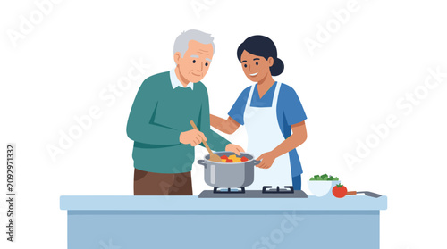 Photography Caregiver and elderly man cooking at kitchen stove.