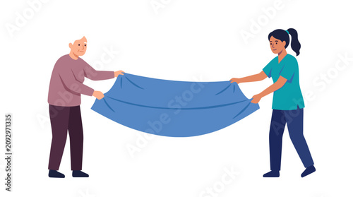 Photography Caregiver and elderly woman folding bed sheet together.