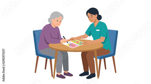 Fotografi Caregiver and elderly woman doing puzzle at table.