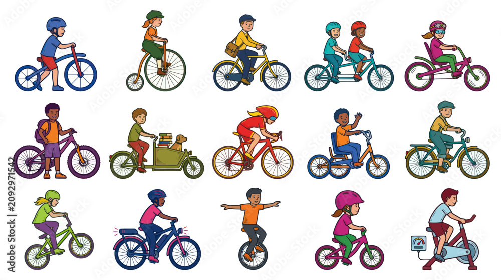 Obraz premium Diverse Kids Riding Bicycles and Tricycles, Flat Vector Art