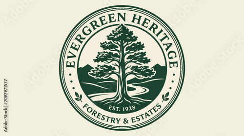 Heritage logo features tree and forestry elements on circular emblem