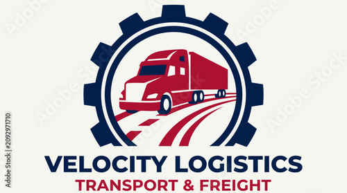 A red semi-truck drives through a gear with the company name Velocity Logistics Transport Freight on a road