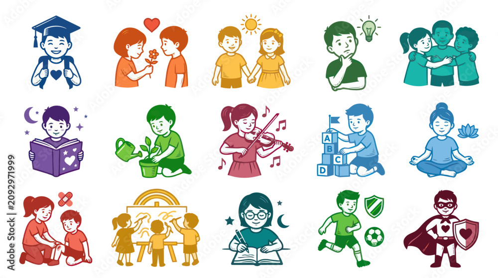 Obraz premium Child Development Education Flat Illustration Vector Set: Kids Learning, Playing Emotional Growth