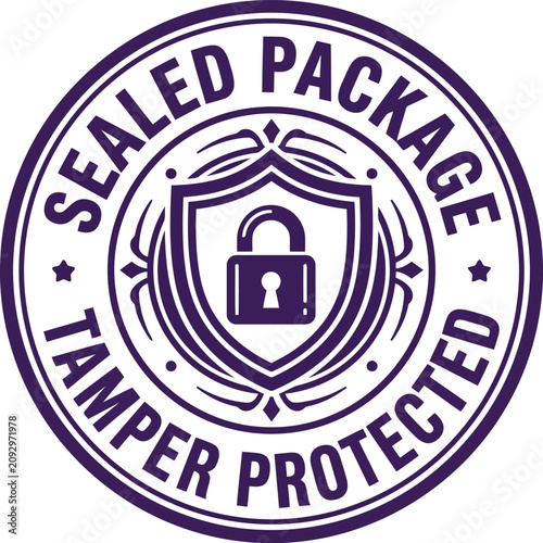 Foto Sealed package tamper protected purple circular stamp with shield lock icon isolated on transparent background vector